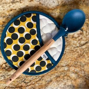 Tabitha Brown  Blue and Yellow Polka Dot Pot Holder with Wooden Spoon